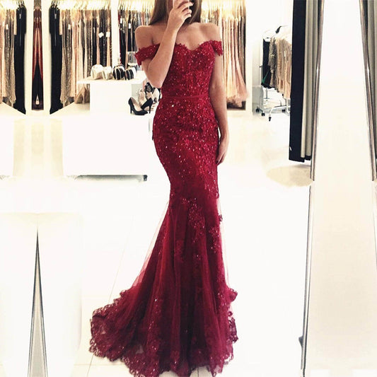 Off the Shoulder Long Mermaid Evening Dresses Lace abiti da sera Applique Robe De Soiree longue Formal Gowns abiye gece elbisesi - Mileina Shop