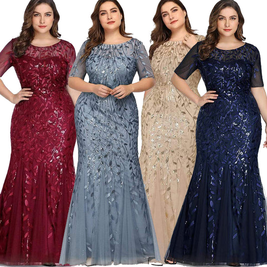 Plus Size Sequin Mesh Mermaid Slim Evening Dress Beaded Leaves Pattern Formal Women Elegant Party Prom Gowns Short Sleeve - Mileina Shop