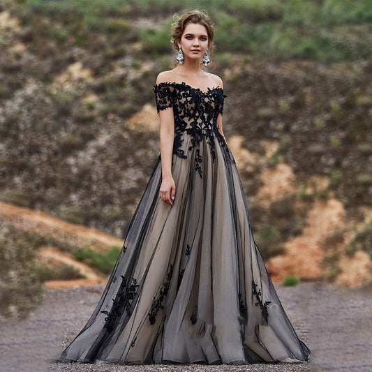 Off the Shoulder Short Sleeves with Lace Applique Crystals A-line Black Wedding Dress Sweep Train Sexy Bridal Dress - Mileina Shop