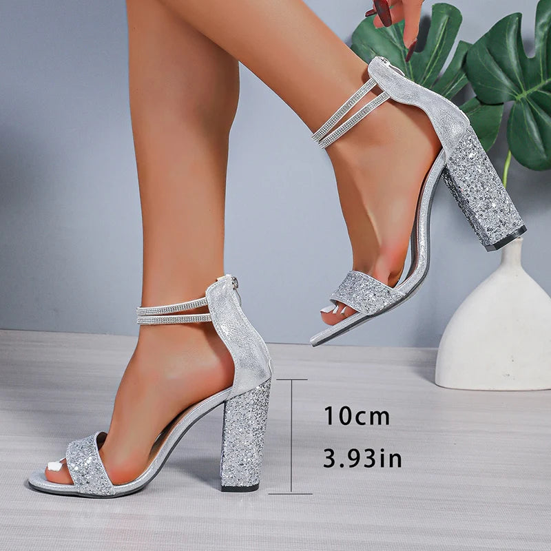 Women Shiny Sequin Silver High Heels Sandals Women Crystal Ankle