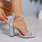 Women Shiny Sequin Silver High Heels Sandals Women Crystal Ankle