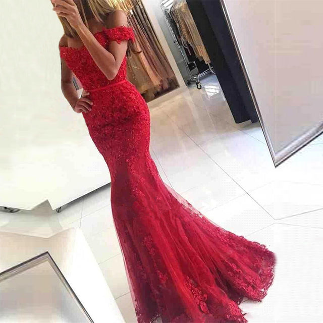 Off the Shoulder Long Mermaid Evening Dresses Lace abiti da sera Applique Robe De Soiree longue Formal Gowns abiye gece elbisesi - Mileina Shop