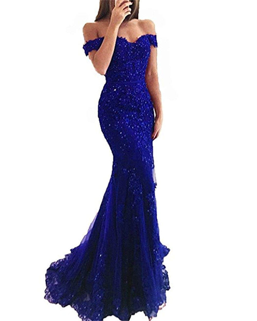 Off the Shoulder Long Mermaid Evening Dresses Lace abiti da sera Applique Robe De Soiree longue Formal Gowns abiye gece elbisesi - Mileina Shop