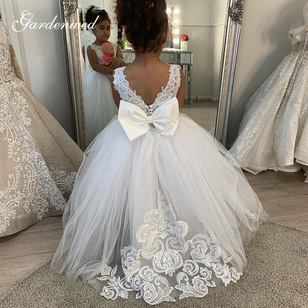 Puffy Tulle Lace Ball Gown Flower Girl Dresses Long Sleeve Girl Princess Dress Illusion Girl Wedding Party Dress First Communion - Mileina Shop