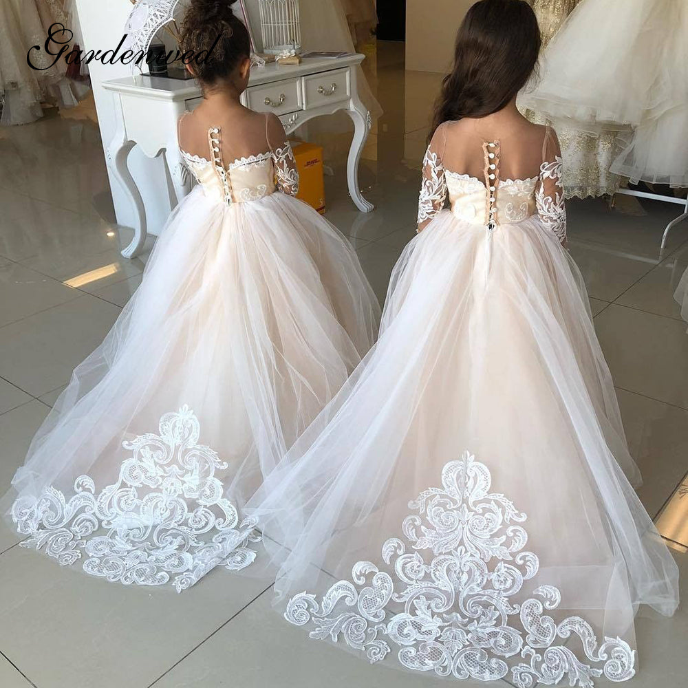 Puffy Tulle Lace Ball Gown Flower Girl Dresses Long Sleeve Girl Princess Dress Illusion Girl Wedding Party Dress First Communion - Mileina Shop