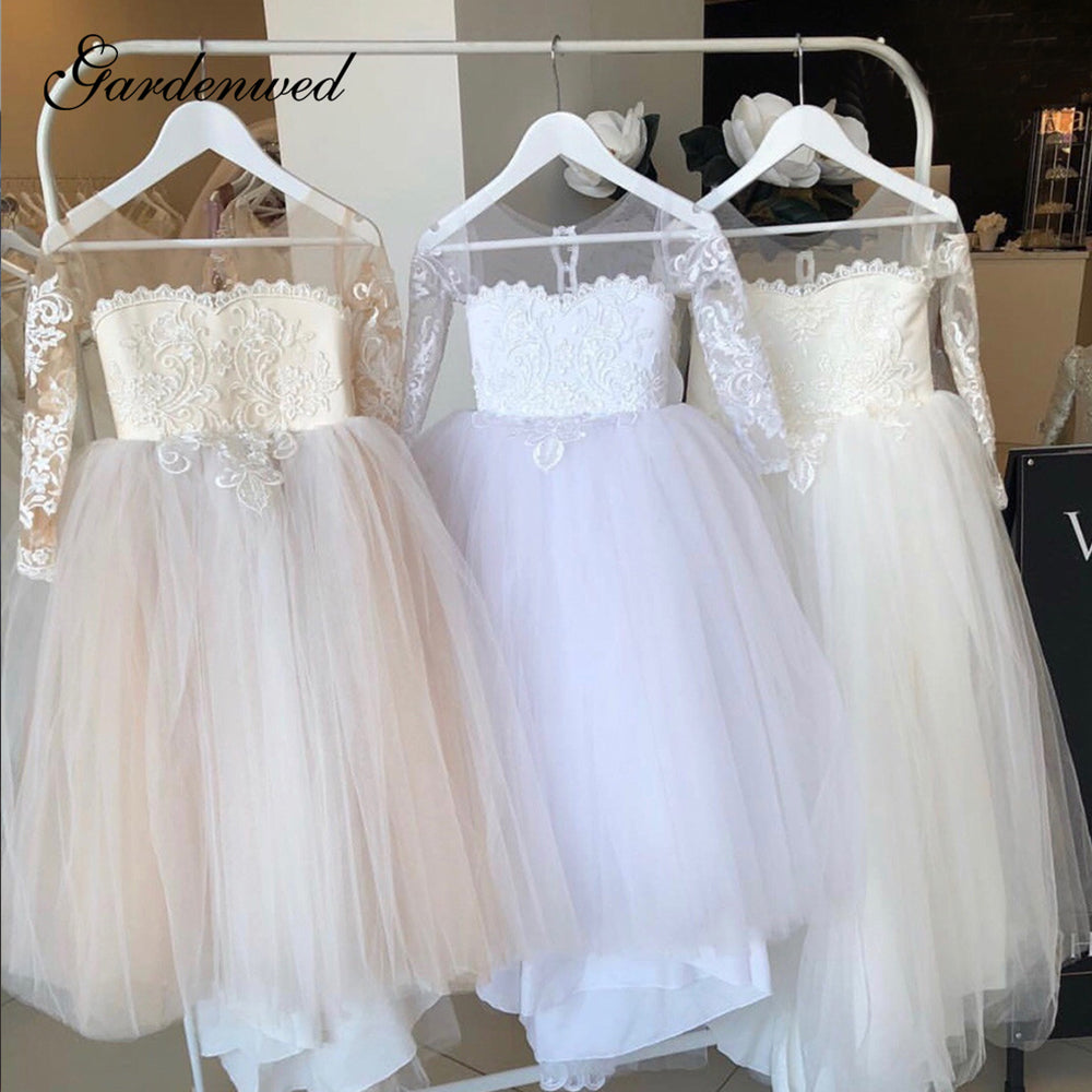 Puffy Tulle Lace Ball Gown Flower Girl Dresses Long Sleeve Girl Princess Dress Illusion Girl Wedding Party Dress First Communion - Mileina Shop