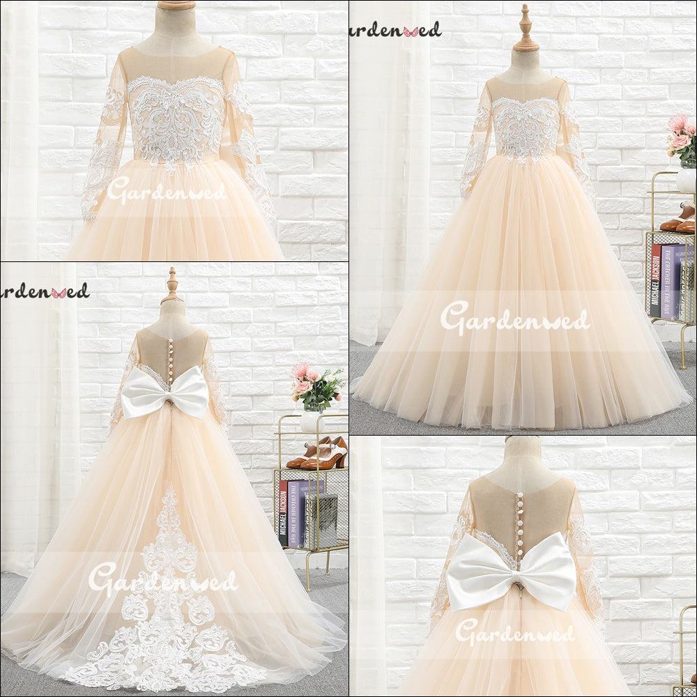 Puffy Tulle Lace Ball Gown Flower Girl Dresses Long Sleeve Girl Princess Dress Illusion Girl Wedding Party Dress First Communion - Mileina Shop