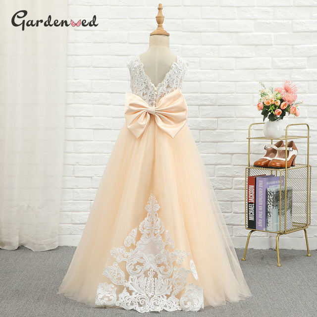 Puffy Tulle Lace Ball Gown Flower Girl Dresses Long Sleeve Girl Princess Dress Illusion Girl Wedding Party Dress First Communion - Mileina Shop