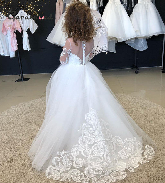Puffy Tulle Lace Ball Gown Flower Girl Dresses Long Sleeve Girl Princess Dress Illusion Girl Wedding Party Dress First Communion - Mileina Shop