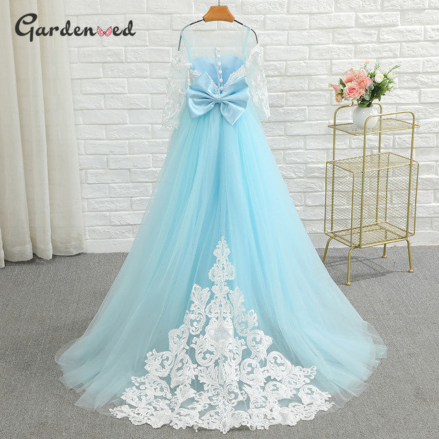 Puffy Tulle Lace Ball Gown Flower Girl Dresses Long Sleeve Girl Princess Dress Illusion Girl Wedding Party Dress First Communion - Mileina Shop