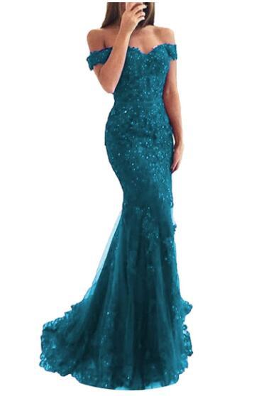 Off the Shoulder Long Mermaid Evening Dresses Lace abiti da sera Applique Robe De Soiree longue Formal Gowns abiye gece elbisesi - Mileina Shop