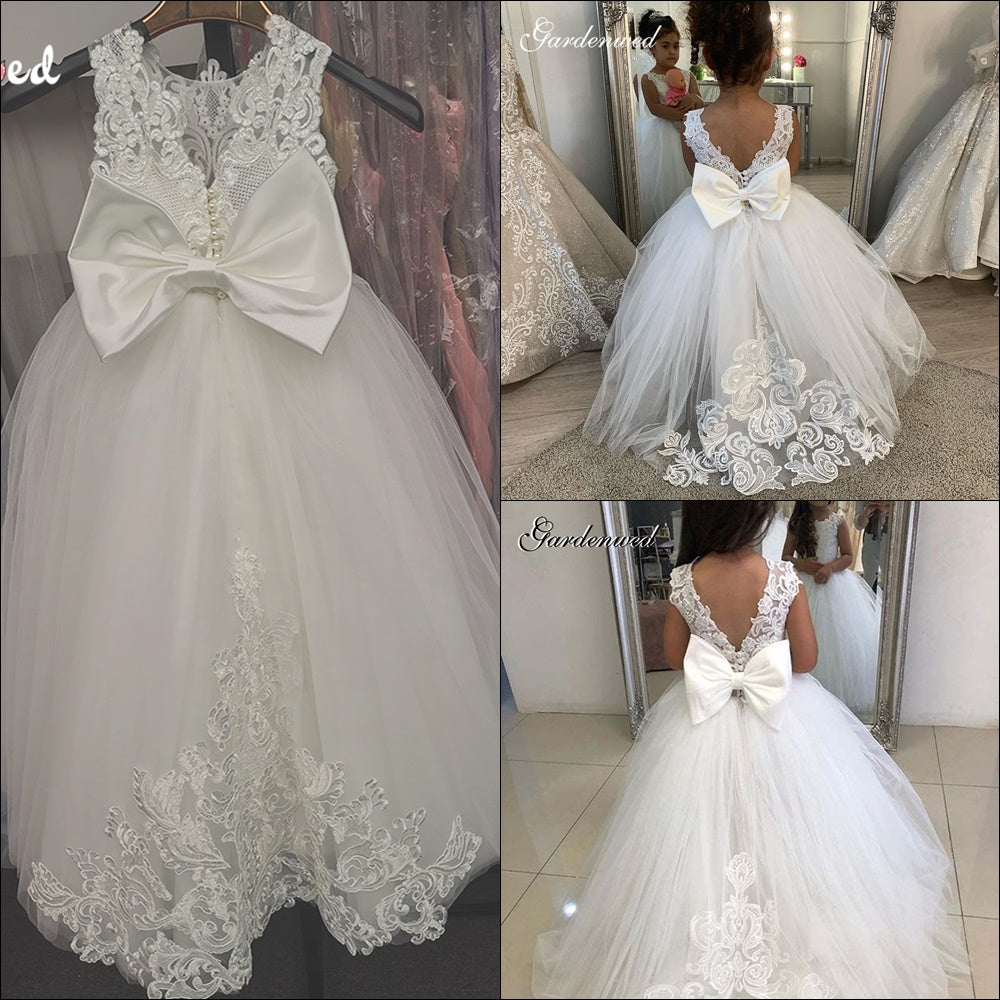 Puffy Tulle Lace Ball Gown Flower Girl Dresses Long Sleeve Girl Princess Dress Illusion Girl Wedding Party Dress First Communion - Mileina Shop