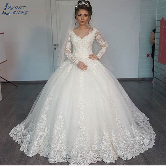 LAYOUT NICEB Ball Gown Long Sleeve Vintage Wedding Dress 2021 Elegant Lace Appliques vestido De Noiva Sweep Train Bride Bridal - Mileina Shop