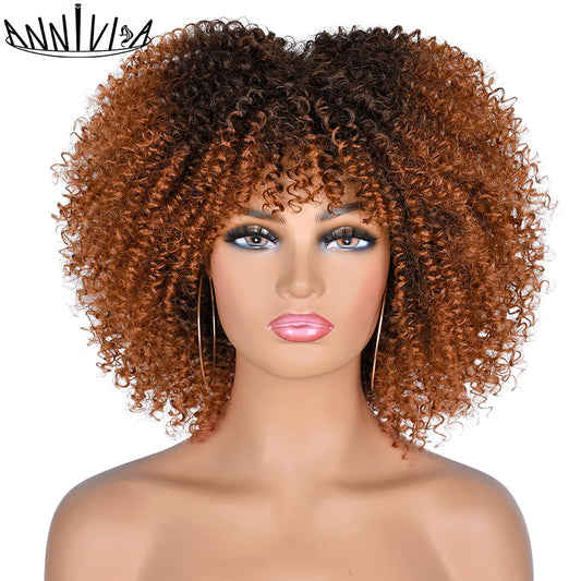 Short Hair Afro Kinky Curly Wigs With Bangs African Synthetic Ombre Glueless Cosplay Wigs - Mileina Shop