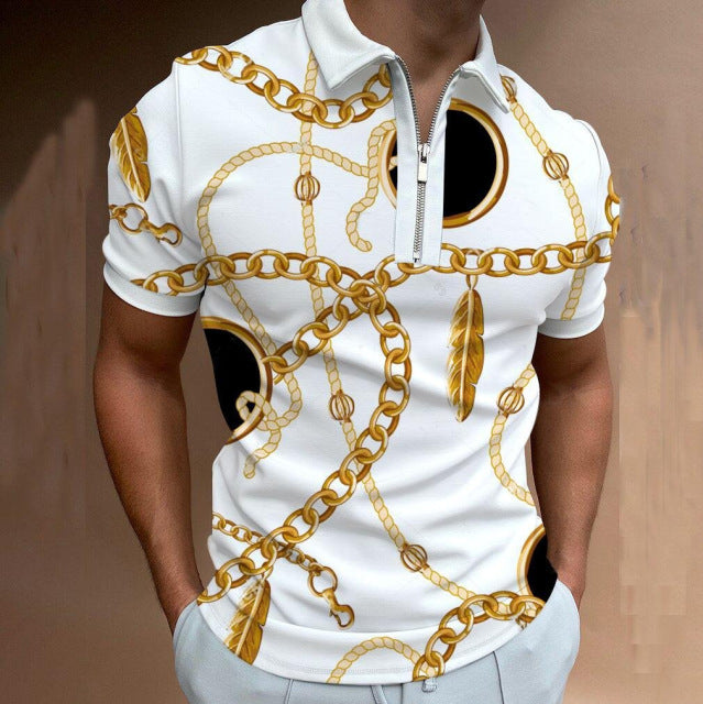 New Summer High Quality Men Polo Shirts High Street Print Casual Short Sleeve Mens Shirts Turn-Down Collar Zipper Polo Shirt Men - Mileina Shop