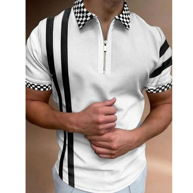New Summer High Quality Men Polo Shirts High Street Print Casual Short Sleeve Mens Shirts Turn-Down Collar Zipper Polo Shirt Men - Mileina Shop