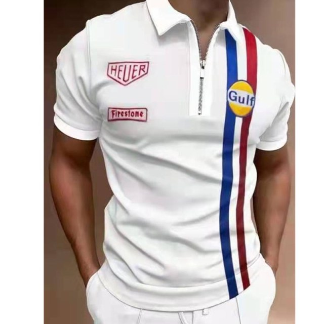 New Summer High Quality Men Polo Shirts High Street Print Casual Short Sleeve Mens Shirts Turn-Down Collar Zipper Polo Shirt Men - Mileina Shop