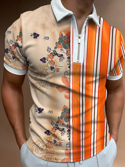 New Summer High Quality Men Polo Shirts High Street Print Casual Short Sleeve Mens Shirts Turn-Down Collar Zipper Polo Shirt Men - Mileina Shop