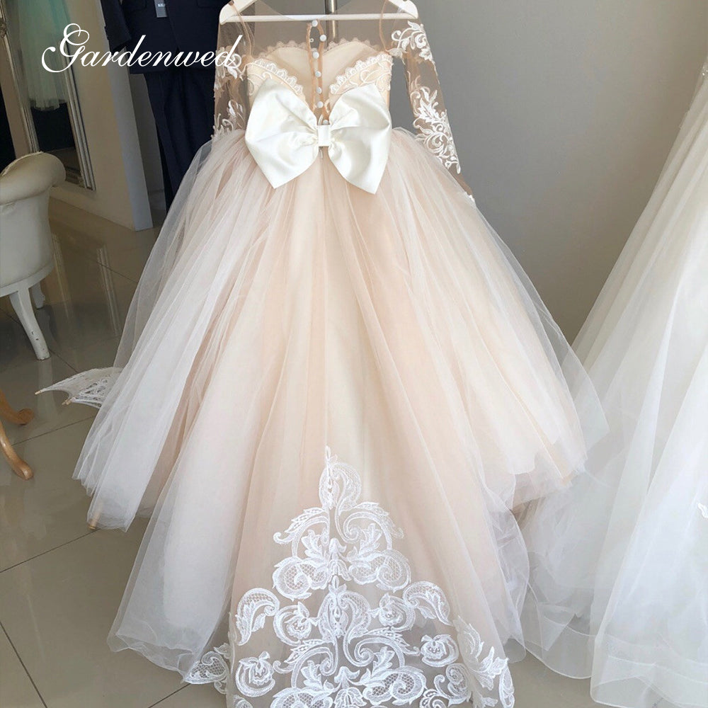 Puffy Tulle Lace Ball Gown Flower Girl Dresses Long Sleeve Girl Princess Dress Illusion Girl Wedding Party Dress First Communion - Mileina Shop