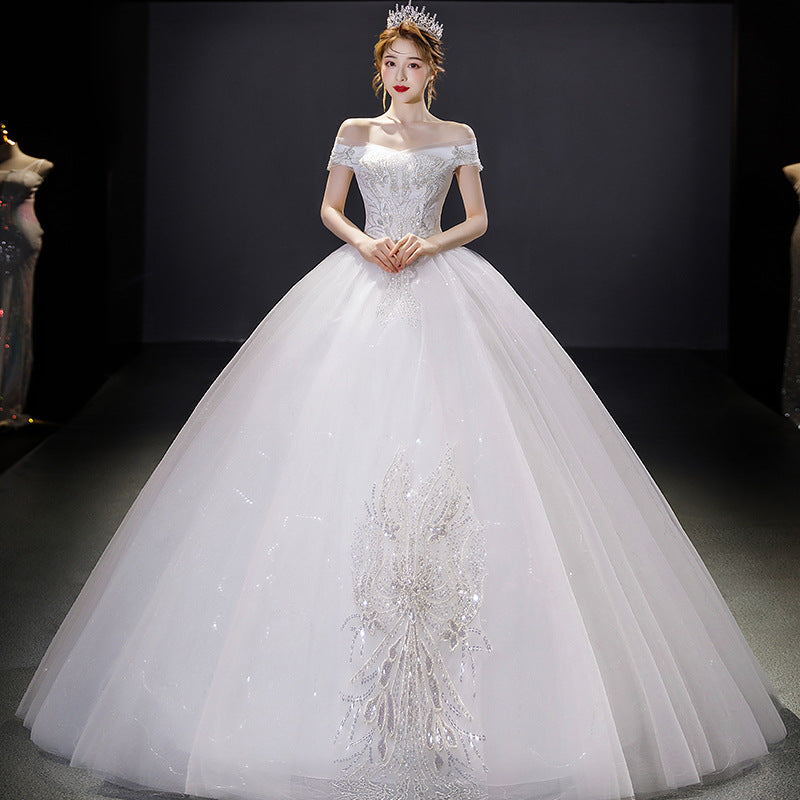 HMHS-102#Wedding Dress Ball Gown Lace Up Long Wholesale Lace Party Dress New Boat Neck Bride getting married Sequins decorate - Mileina Shop