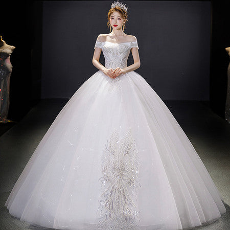 HMHS-102#Wedding Dress Ball Gown Lace Up Long Wholesale Lace Party Dress New Boat Neck Bride getting married Sequins decorate - Mileina Shop