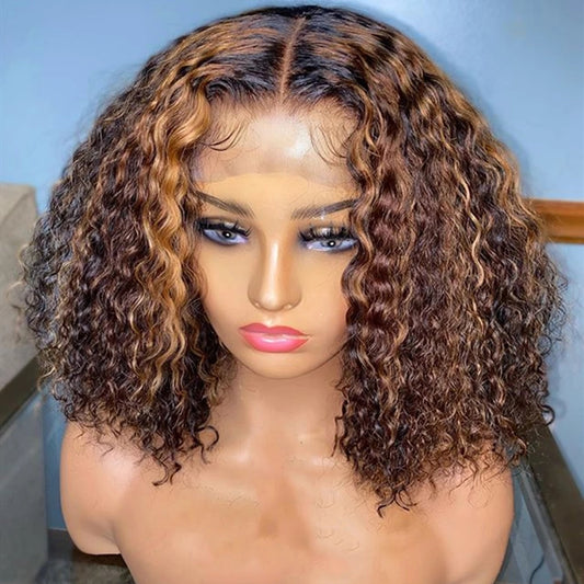 Highlight 13x4 Lace Front Wigs Pre Plucked Curly Bob Brazilian Remy 4x4 Closure Wigs 150 Density Black Women 13x1 T Part Wig - Mileina Shop