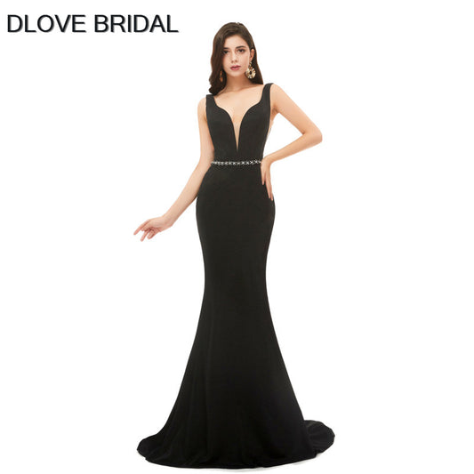 Plunging V Neck Evening Dress Shinny Black Mermaid Backless Special Occassion Gown with Delicate Beaded Belt - Mileina Shop